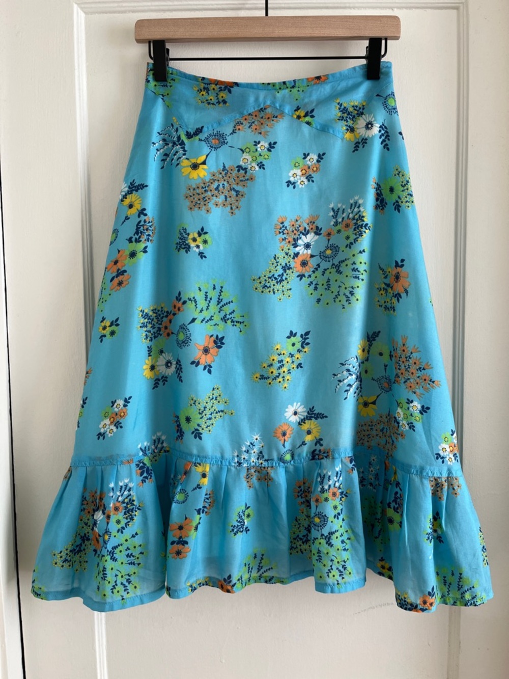 Vintage 1970s Handsewn Ruffle Hem Blue Floral Skirt 26” Waist Fully Lined - Picture 1 of 14